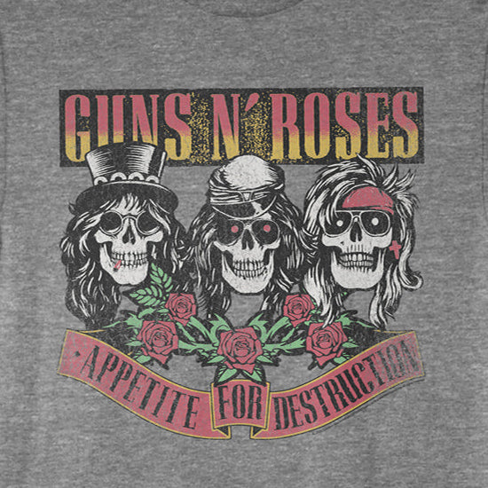 Gray t-shirt with Guns N' Roses 'Appetite for Destruction' graphic on a gray background