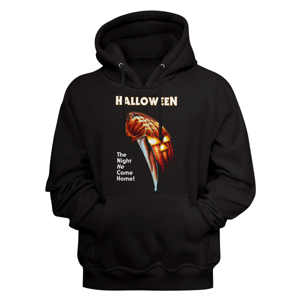 Black hoodie with Halloween-themed design featuring a skeleton hand and text on a black background