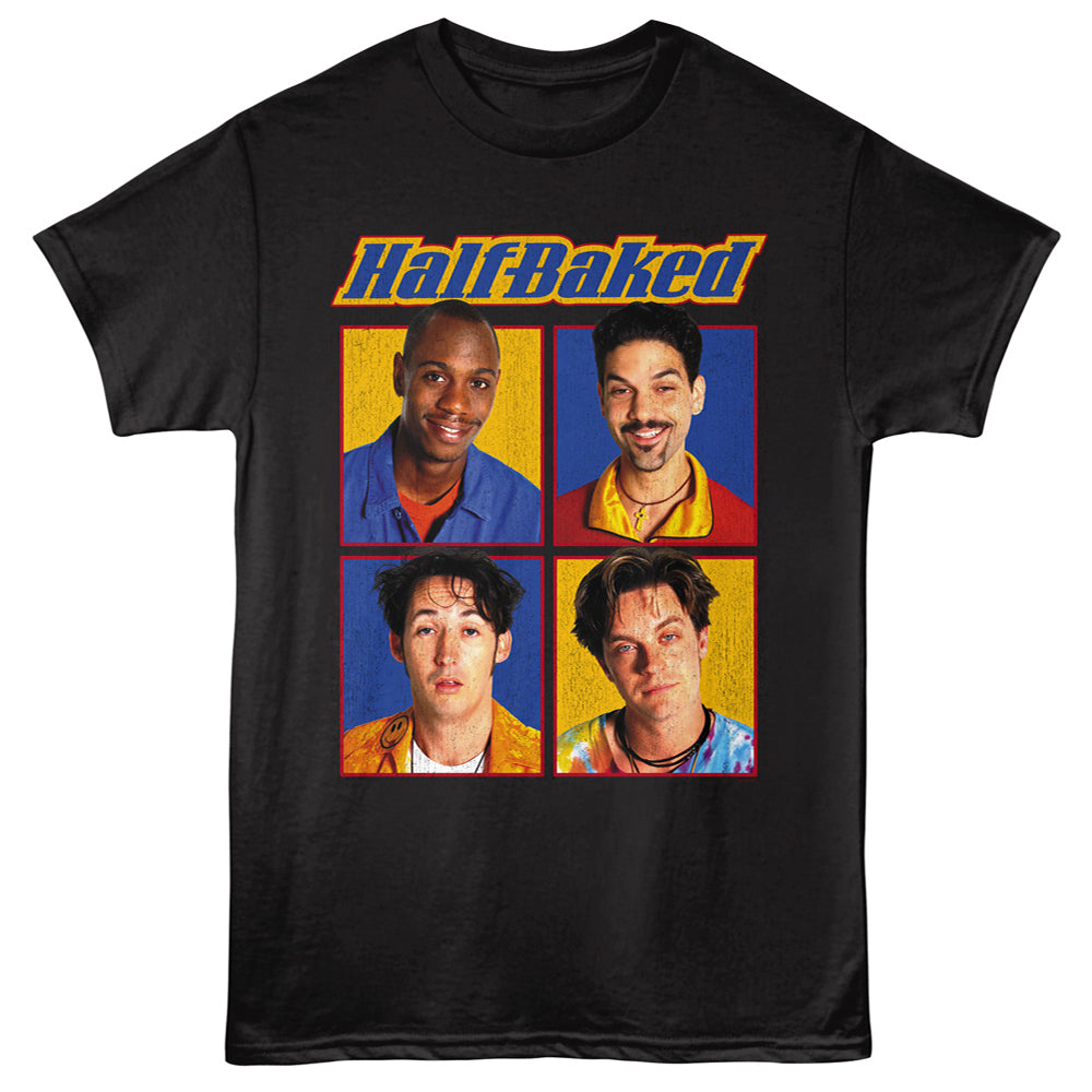 A black short-sleeve graphic t-shirt featuring the 'Half Baked' band logo in blue and orange above a 2x2 grid of colorful portraits of the band members.