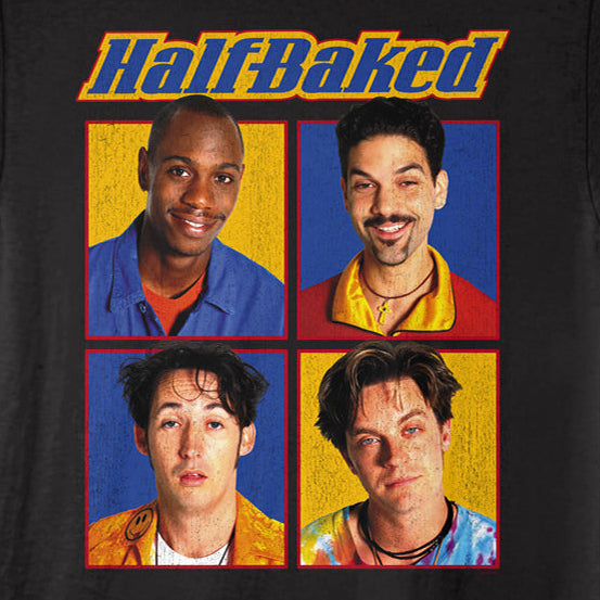 A black short-sleeve graphic t-shirt featuring the 'Half Baked' band logo in blue and orange above a 2x2 grid of colorful portraits of the band members.