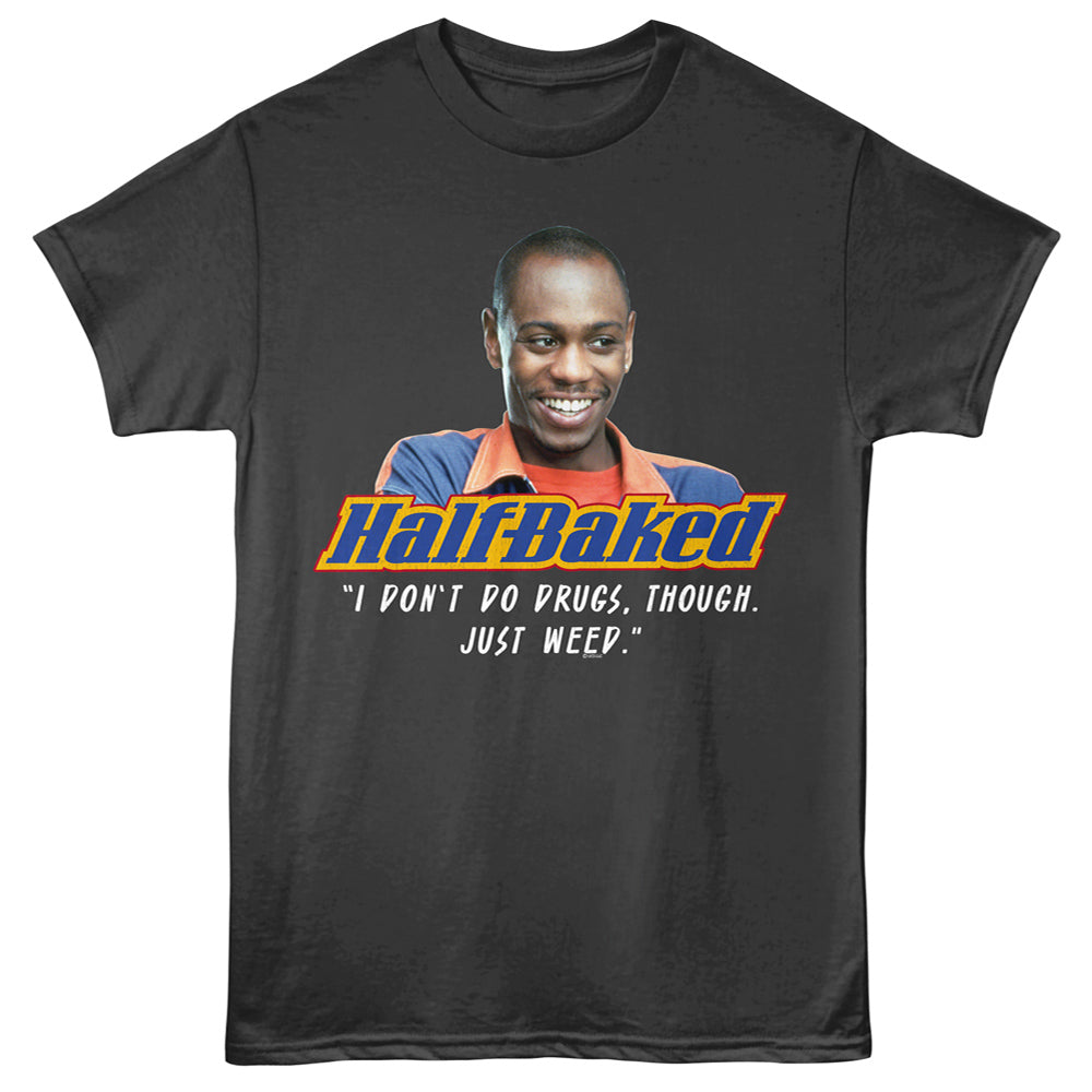 Black t-shirt with 'Half Baked' graphic and text on a black background