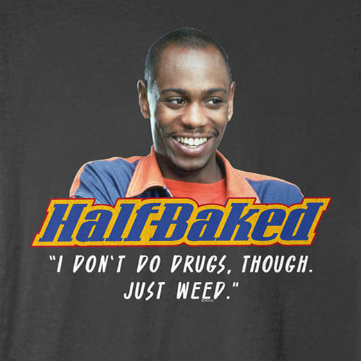 Black t-shirt with 'Half Baked' graphic and text on a black background