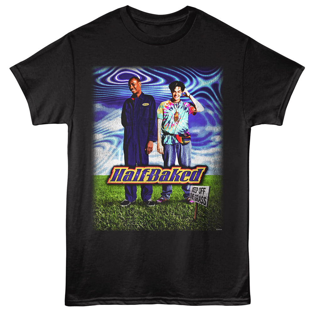 Black t-shirt with 'Half Baked' graphic featuring two people on a grassy field.