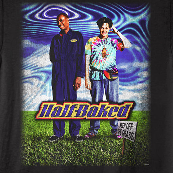 Black t-shirt with 'Half Baked' graphic featuring two people on a grassy field.
