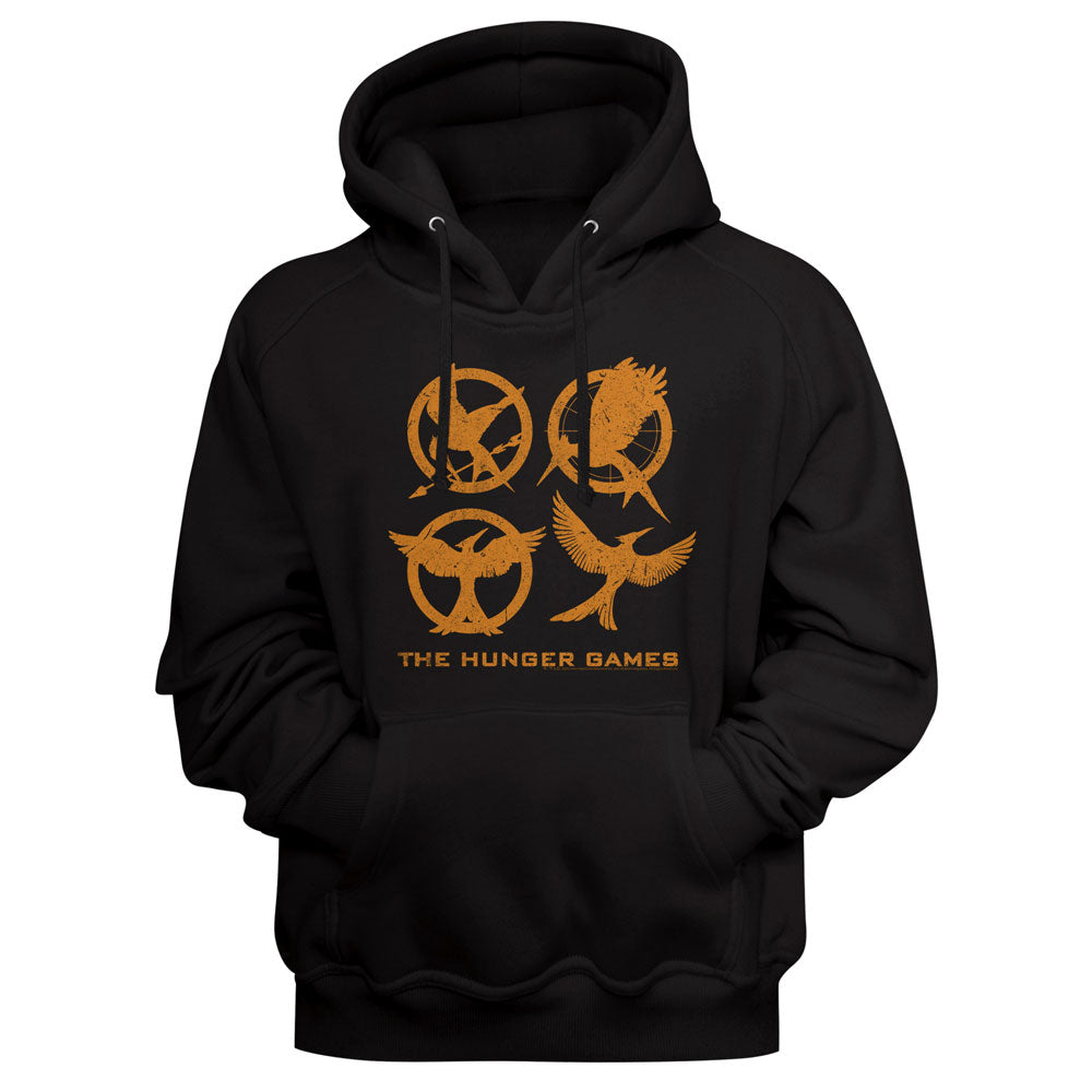 Black hoodie with orange 'The Hunger Games' symbols on a black background
