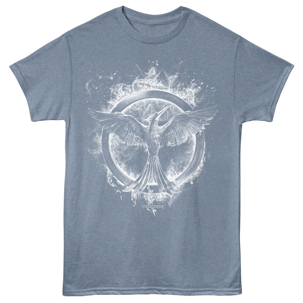 A heathered slate blue short-sleeve t-shirt featuring a large white graphic print of the Mockingbird logo from The Hunger Games series on the front, set against a plain white background.