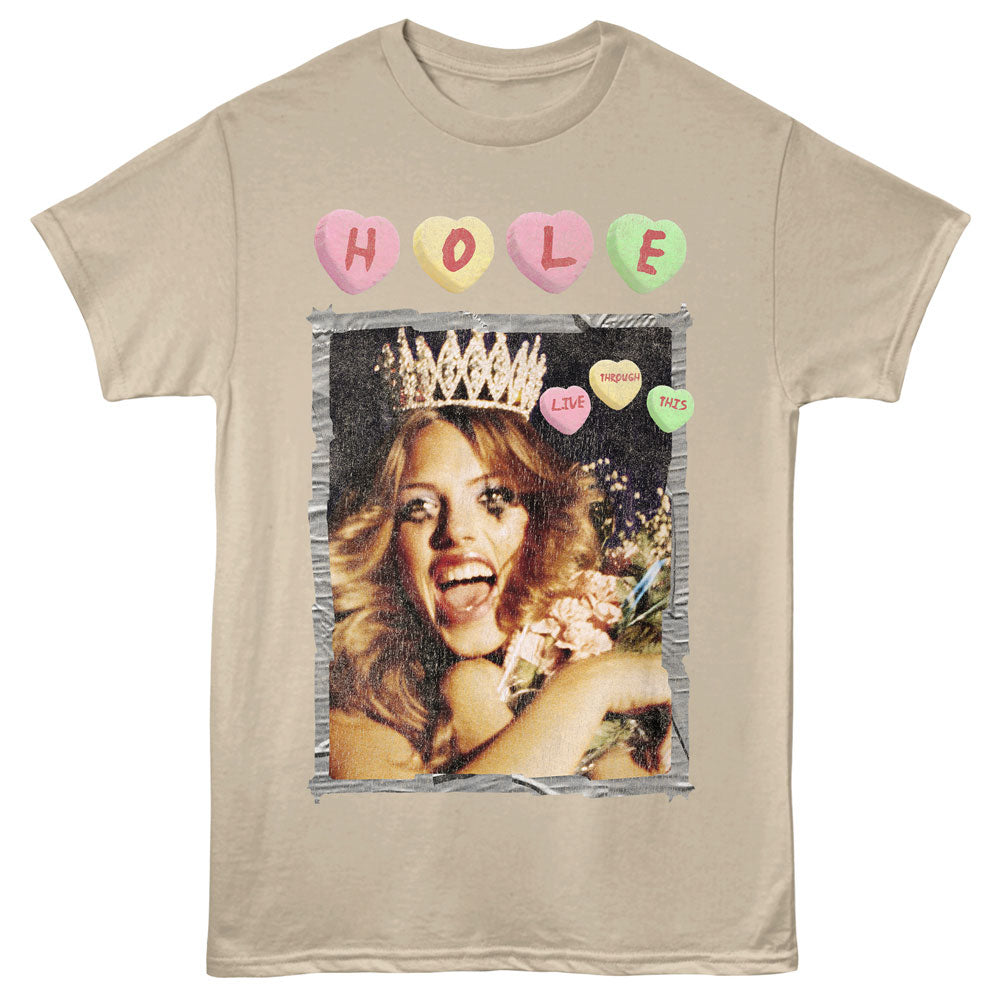 Beige t-shirt with a graphic of a woman with a crown and colorful hearts on a white background