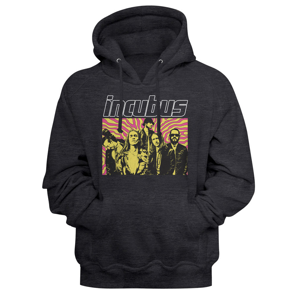 A dark heather gray hoodie featuring a front graphic print of the band Incubus with their name in stylized white letters above a yellow and pink band photo, shown on a black background.