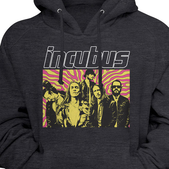 A dark heather gray hoodie featuring a front graphic print of the band Incubus with their name in stylized white letters above a yellow and pink band photo, shown on a black background