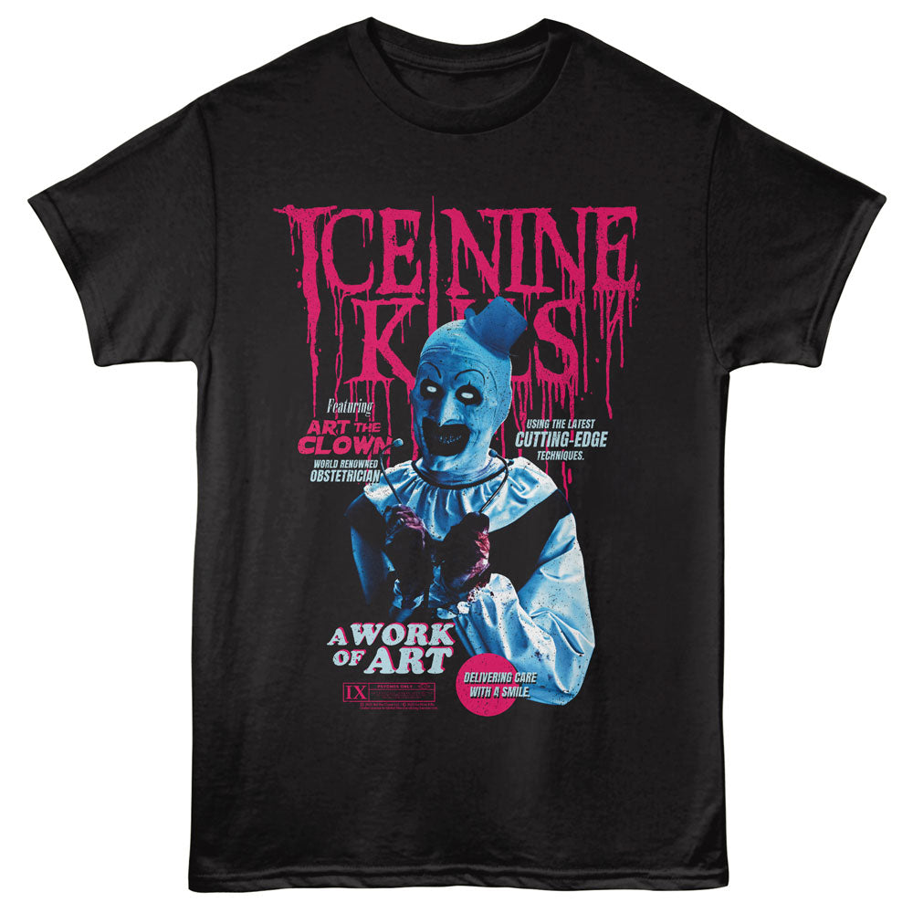 Black t-shirt with graphic design featuring a character and text on a white background