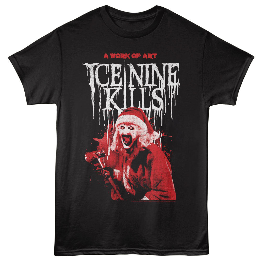 Black t-shirt with 'Ice Nine Kills' graphic design featuring a person in a Santa hat and microphone.