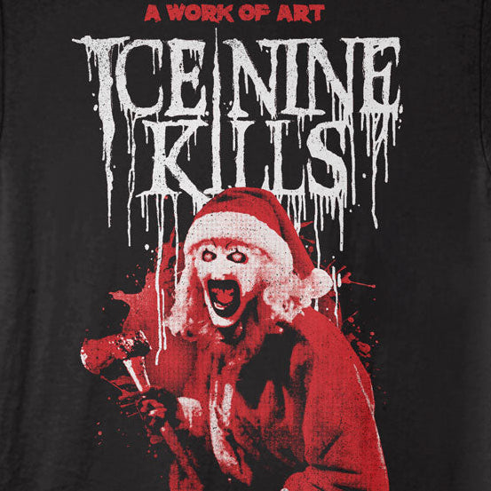 Black t-shirt with 'Ice Nine Kills' graphic design featuring a person in a Santa hat and microphone.