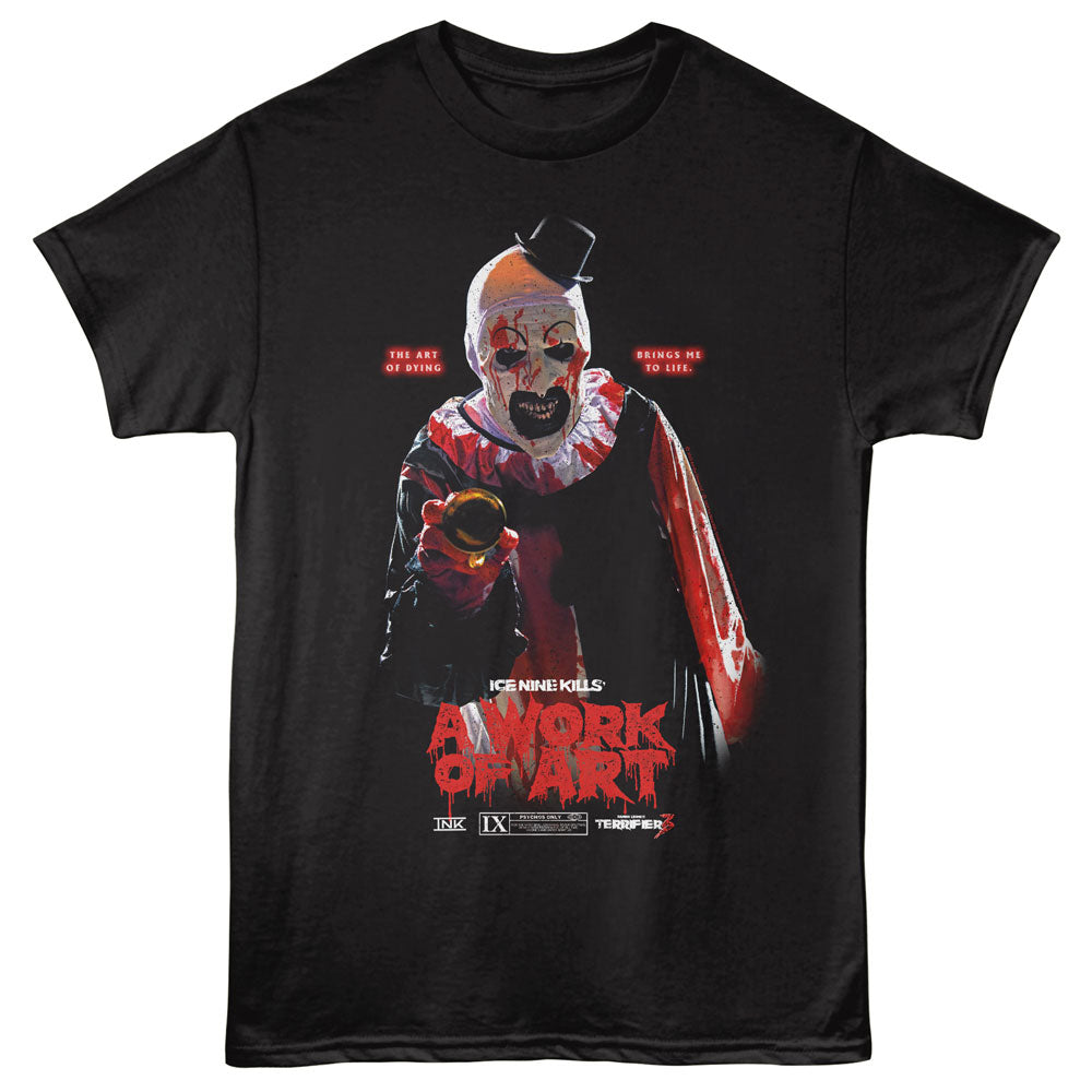 Black t-shirt with a graphic design of a clown and text on a white background