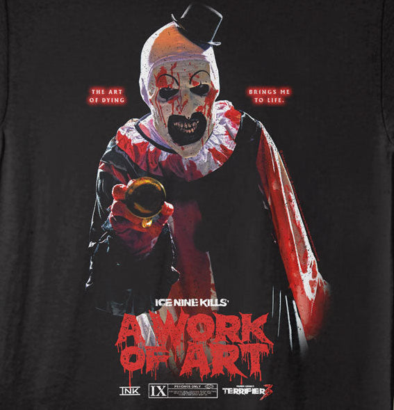 Black t-shirt with a graphic design of a clown and text on a white background