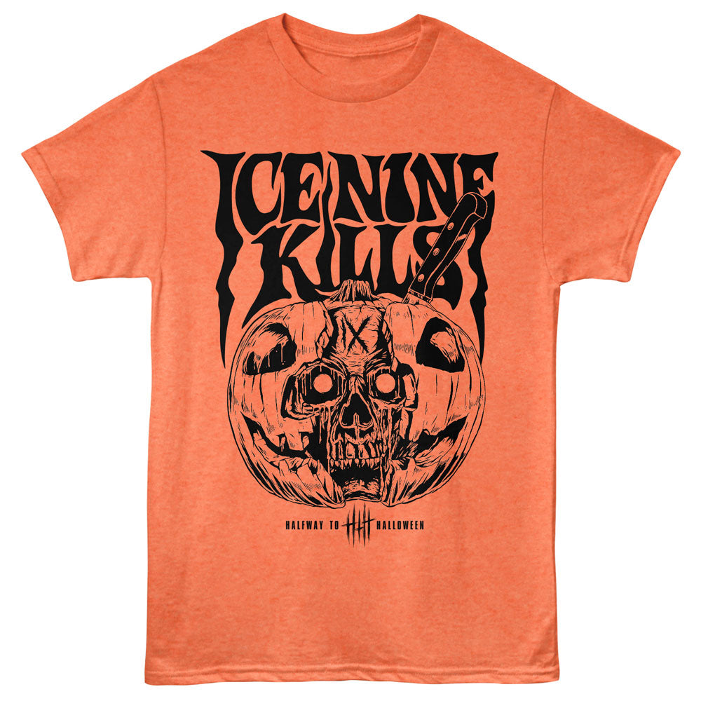 Orange t-shirt with black graphic design of a pumpkin and skull on a white background