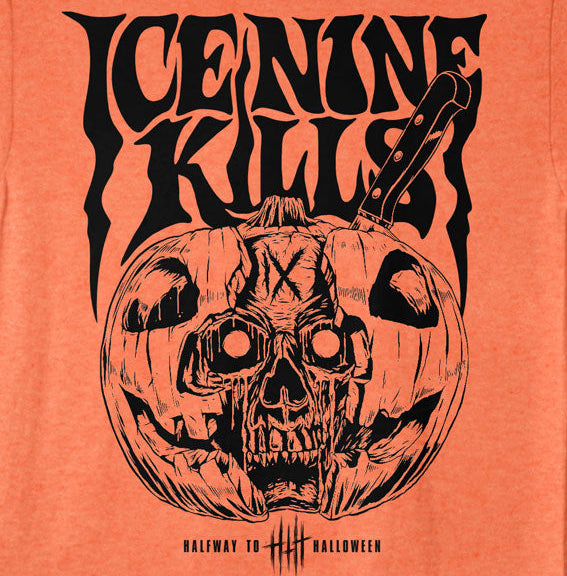 Orange t-shirt with black graphic design of a pumpkin and skull on a white background