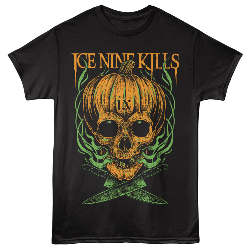 Black t-shirt with a pumpkin skull design and 'Ice Nine Kills' text on a black background