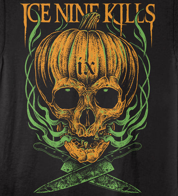 Black t-shirt with a pumpkin skull design and 'Ice Nine Kills' text on a black background