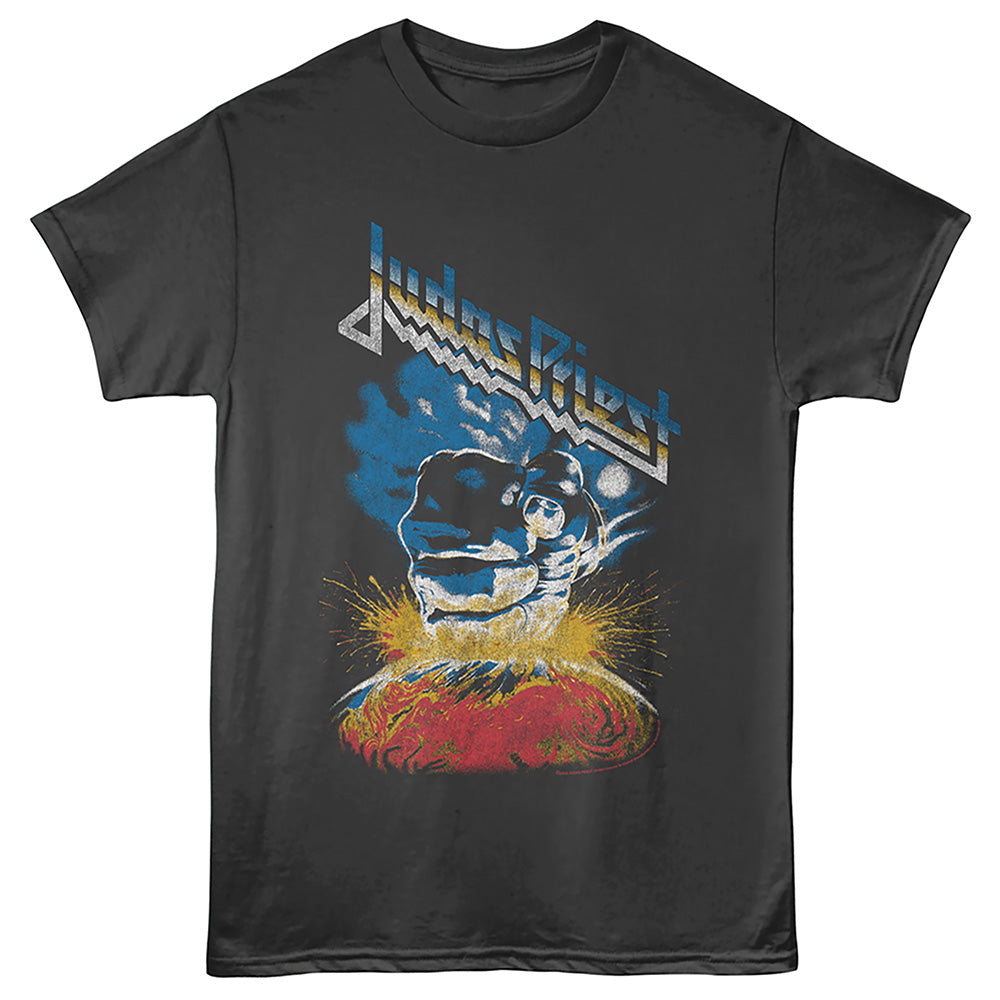 Black t-shirt with Judas Priest graphic design on a black background