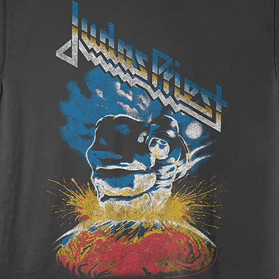 Black t-shirt with Judas Priest graphic design on a black background