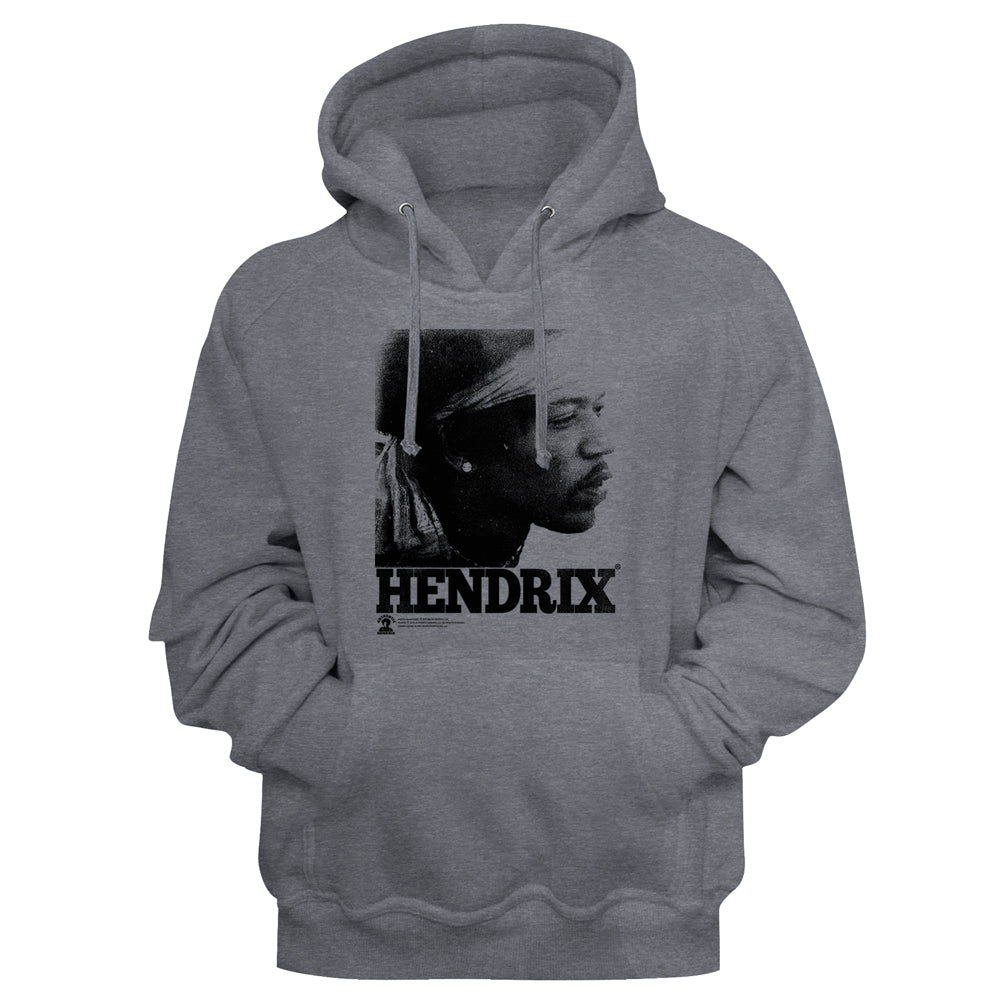 A heather gray pullover hoodie featuring a black-and-white graphic print of a man's profile with the text 'HENDRIX' underneath, shown against a plain gray background.