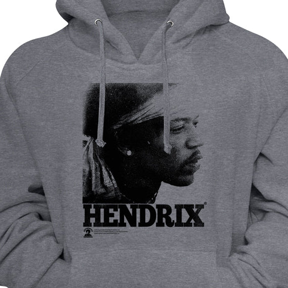 A heather gray pullover hoodie featuring a black-and-white graphic print of a man's profile with the text 'HENDRIX' underneath, shown against a plain gray background.