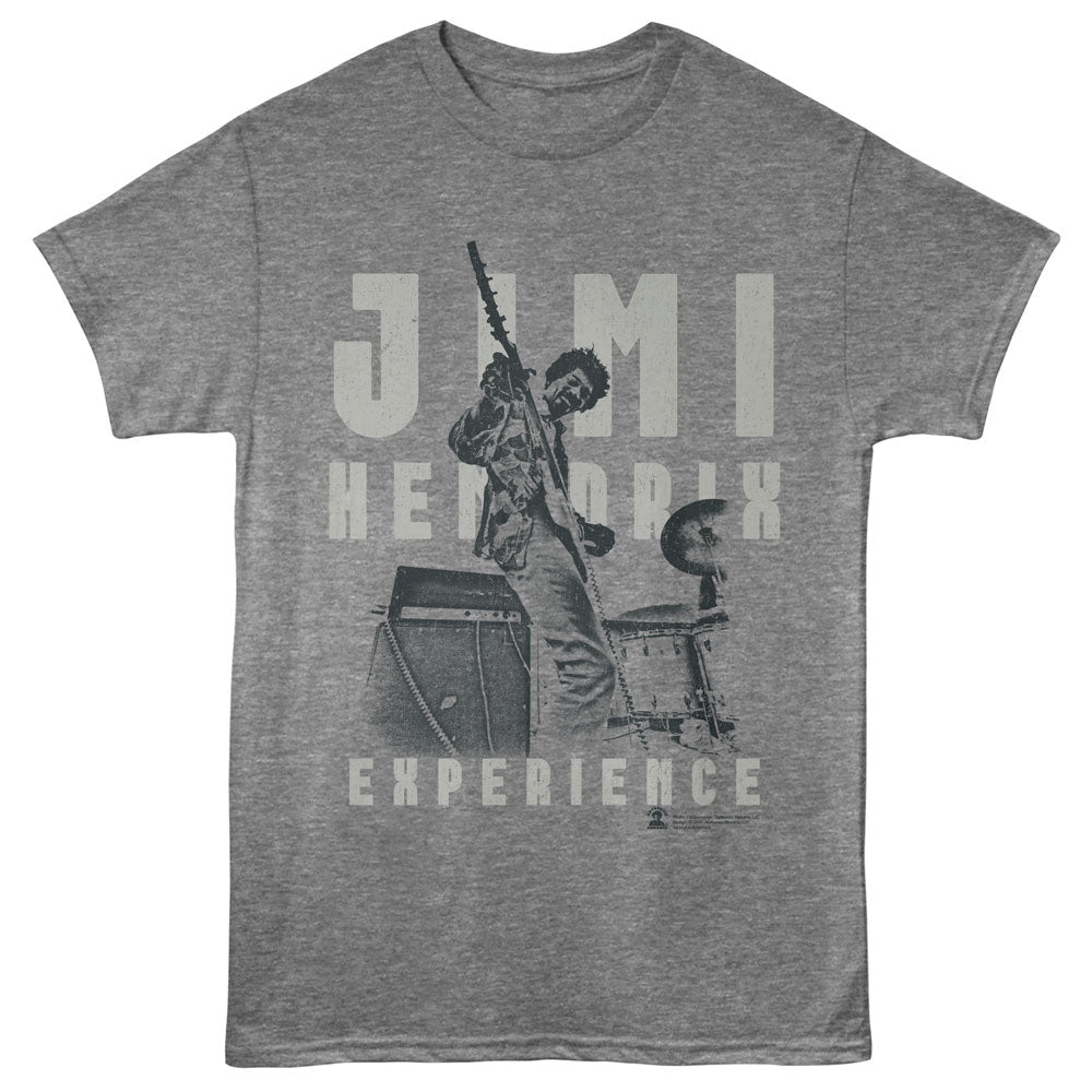 Gray t-shirt with graphic of a person playing guitar and text 'Jimi Hendrix Experience' on a grey background
