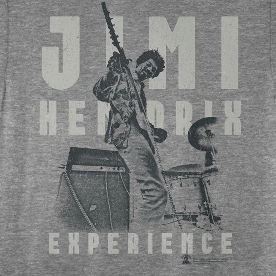 Gray t-shirt with graphic of a person playing guitar and text 'Jimi Hendrix Experience' on a grey background
