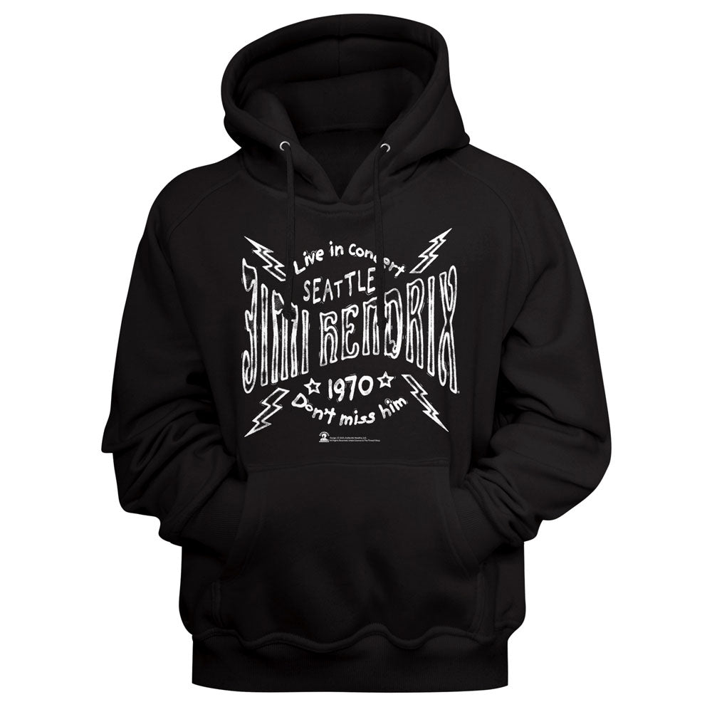 Black hoodie with white graphic design on a black background