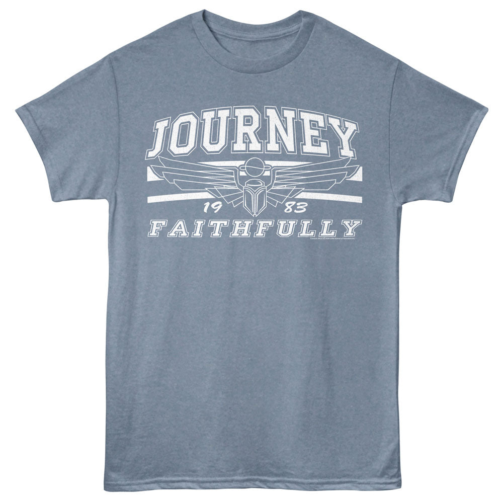 Blue t-shirt with 'Journey Faithfully' text and logo on a blue background