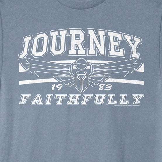 Blue t-shirt with 'Journey Faithfully' text and logo on a blue background