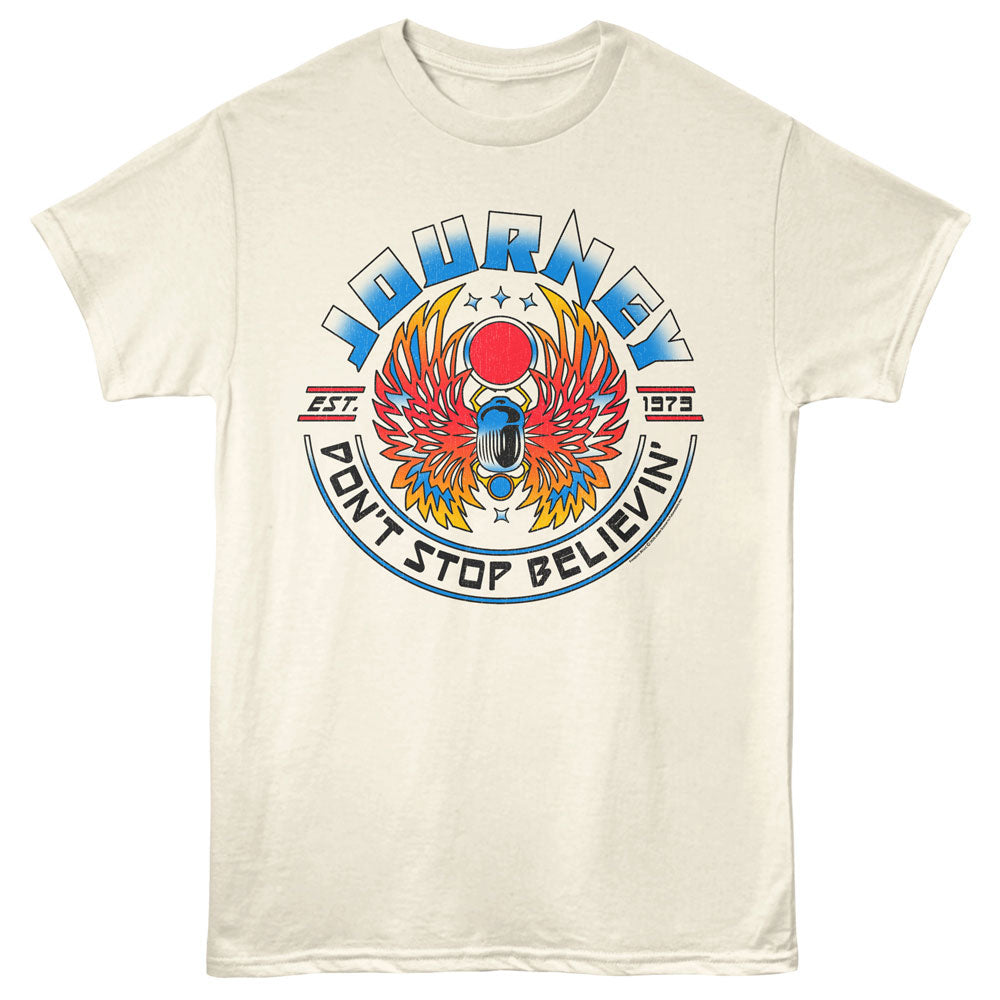 Beige t-shirt with colorful 'Journey' graphic design on a white background