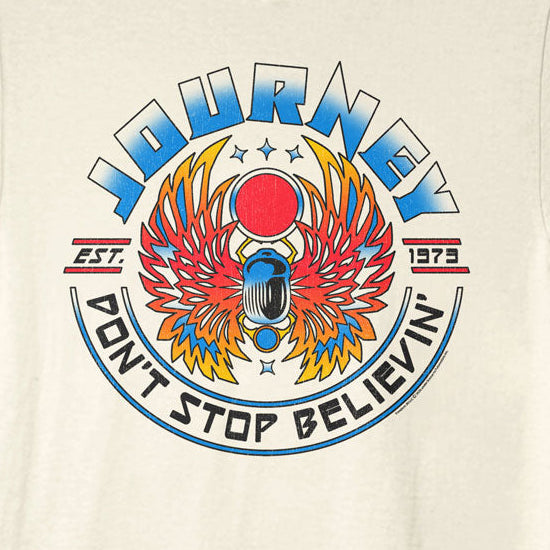 Beige t-shirt with colorful 'Journey' graphic design on a white background