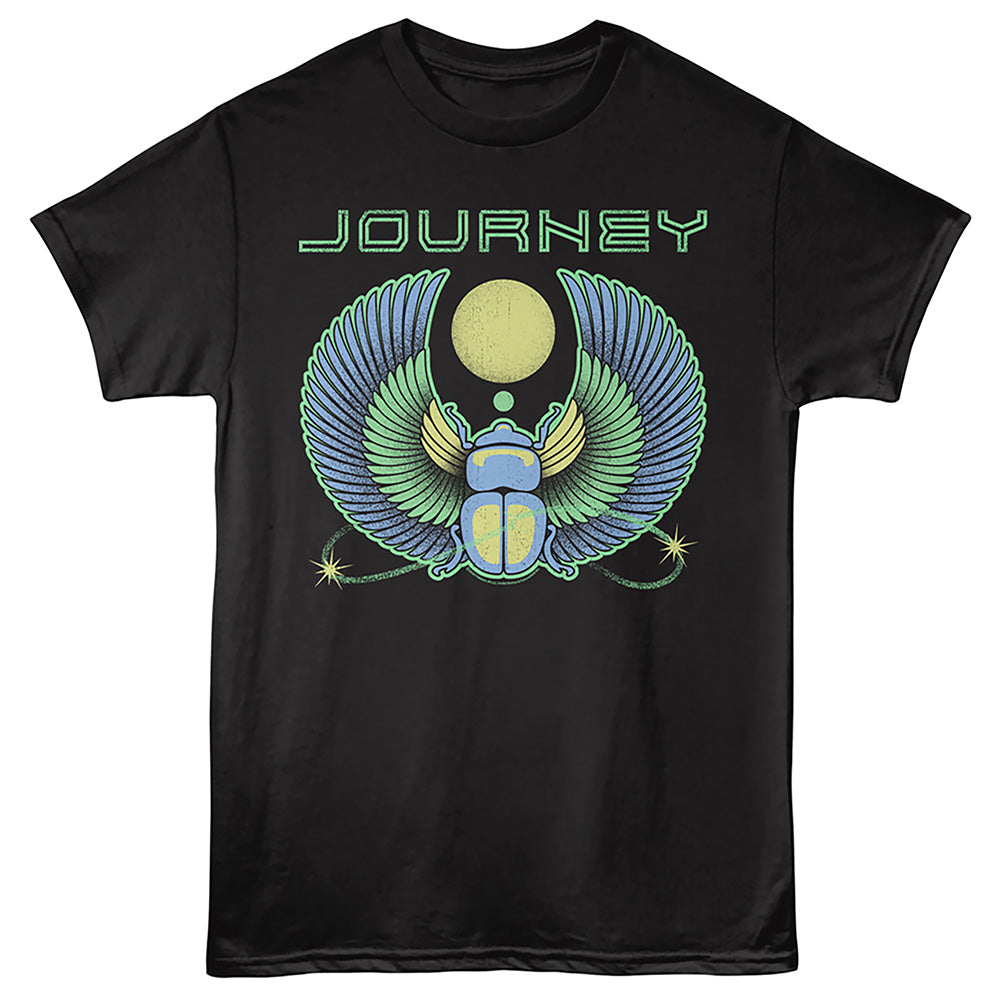 Black t-shirt with 'Journey' logo featuring a winged scarab design on a black background