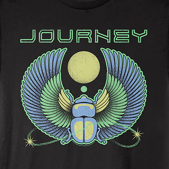 Black t-shirt with 'Journey' logo featuring a winged scarab design on a black background