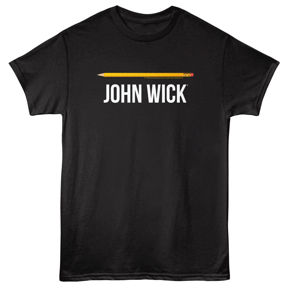A black short-sleeve crewneck t-shirt featuring a graphic of a yellow pencil with a red eraser and the text 'JOHN WICK' printed in white below it, displayed on a solid black background.