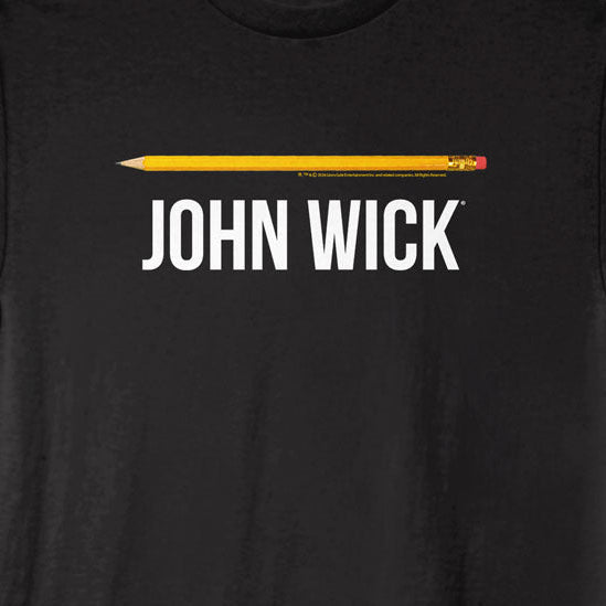 A black short-sleeve crewneck t-shirt featuring a graphic of a yellow pencil with a red eraser and the text 'JOHN WICK' printed in white below it, displayed on a solid black background.