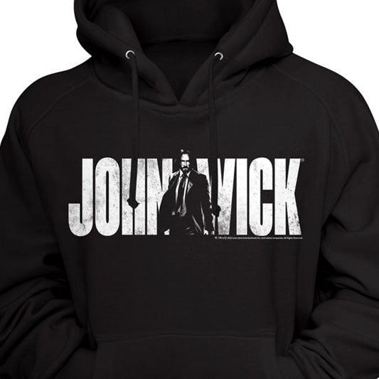 Black hoodie with 'John Wick' text and graphic on a black background