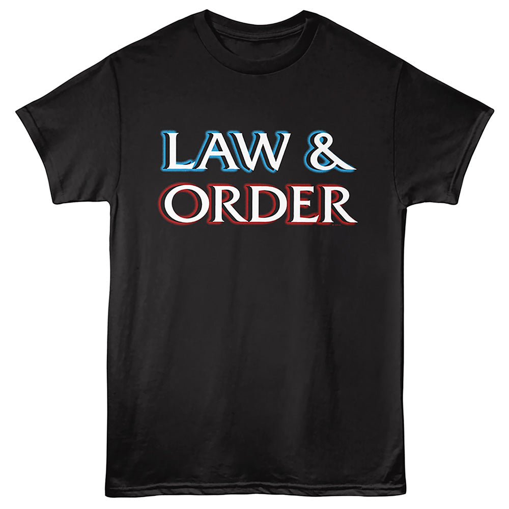 Black t-shirt with 'Law & Order' text in red, white, and blue on a black background