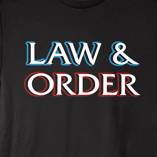 Black t-shirt with 'Law & Order' text in red, white, and blue on a black background