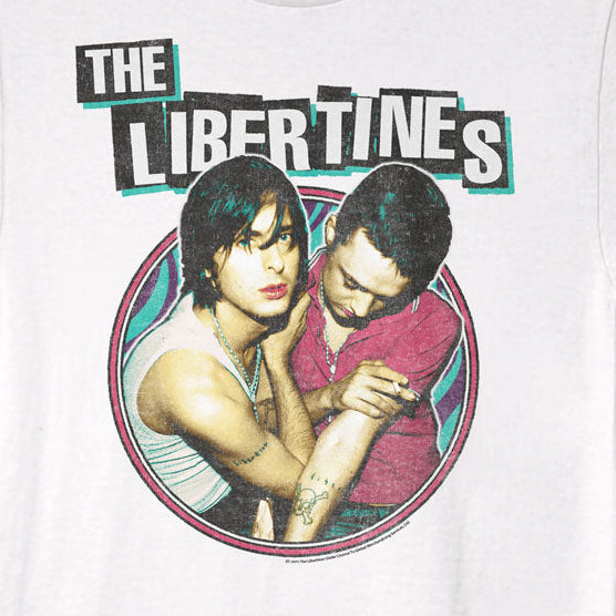 White t-shirt with 'The Libertines' graphic design on a white background