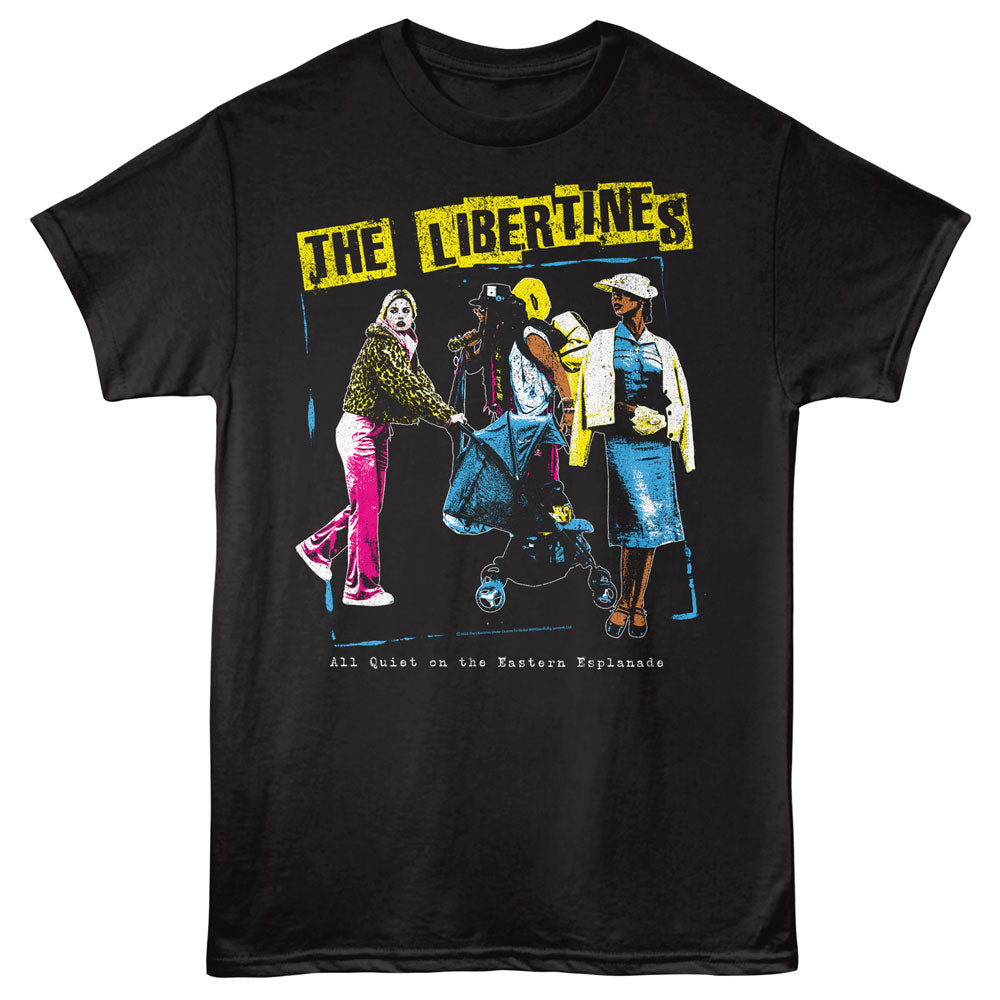 Black t-shirt with 'The Libertines' graphic design on a black background