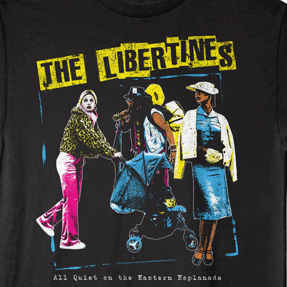 Black t-shirt with 'The Libertines' graphic design on a black background