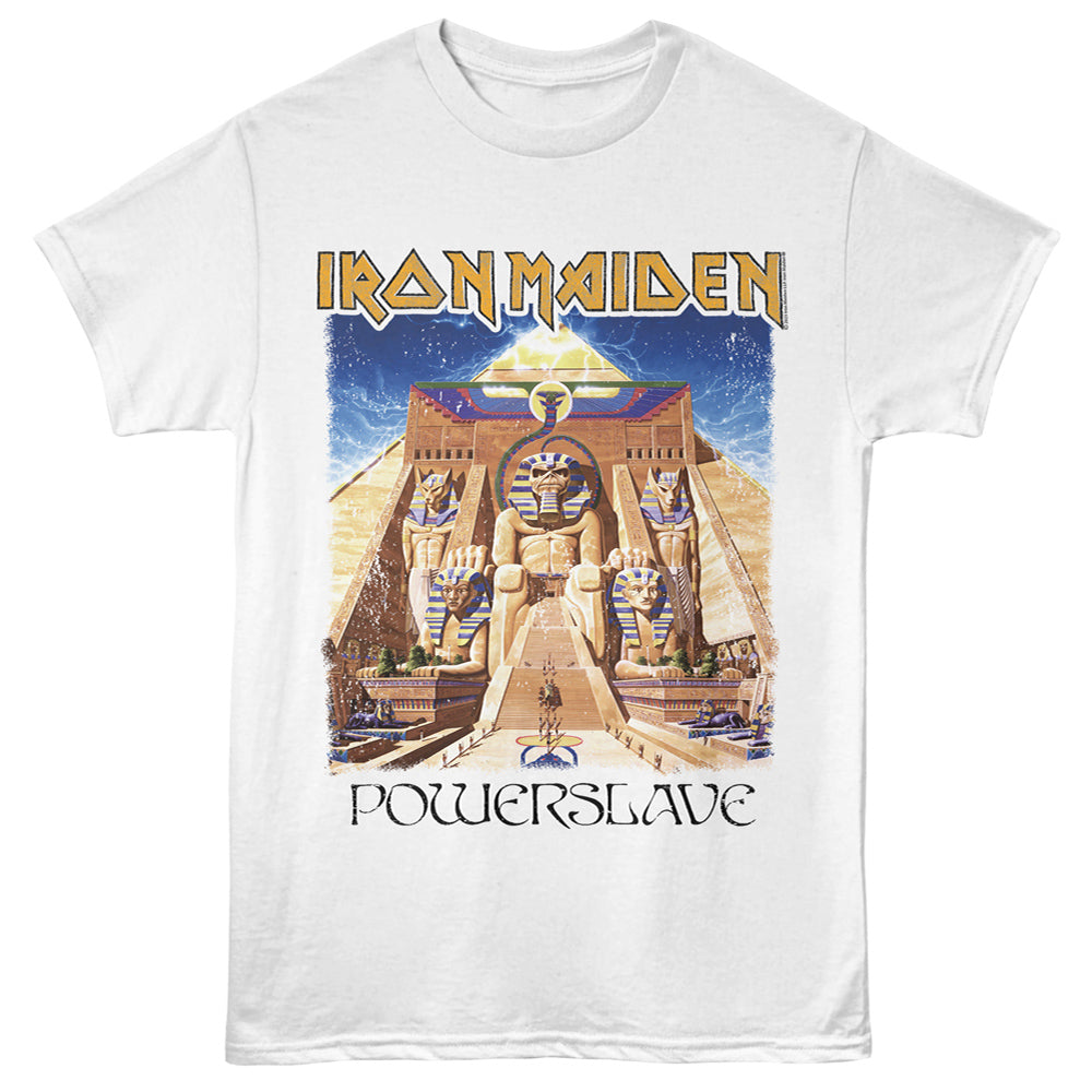 A white short-sleeve crewneck t-shirt featuring the Iron Maiden 'Powerslave' album cover graphic printed on the front.