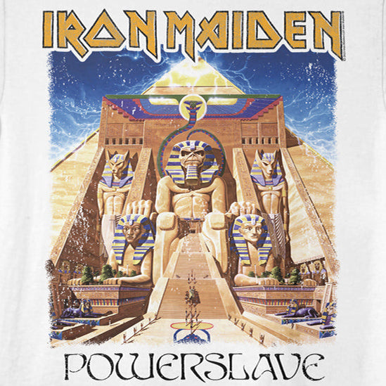 A white short-sleeve crewneck t-shirt featuring the Iron Maiden 'Powerslave' album cover graphic printed on the front.
