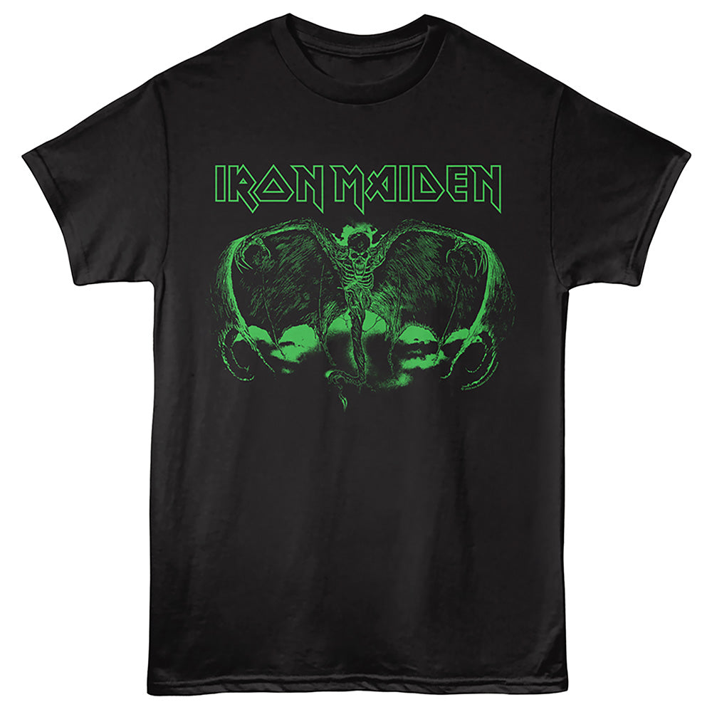 Black t-shirt with Iron Maiden logo and green graphic on a black background