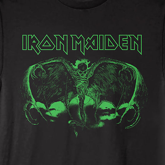 Black t-shirt with Iron Maiden logo and green graphic on a black background