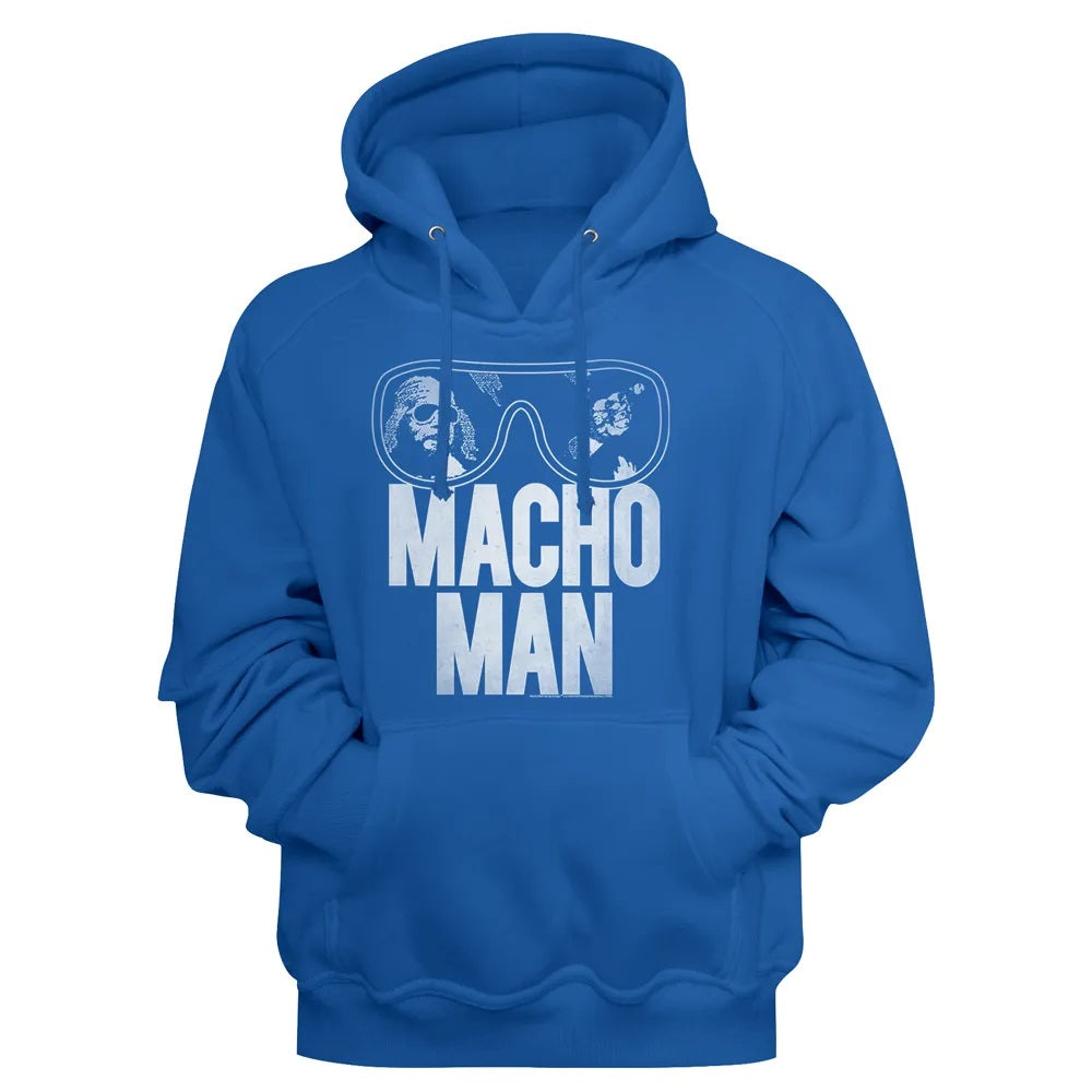 Blue hoodie with 'Macho Man' text and goggles graphic on a blue background