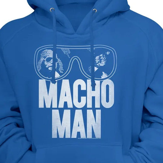 Blue hoodie with 'Macho Man' text and goggles graphic on a blue background
