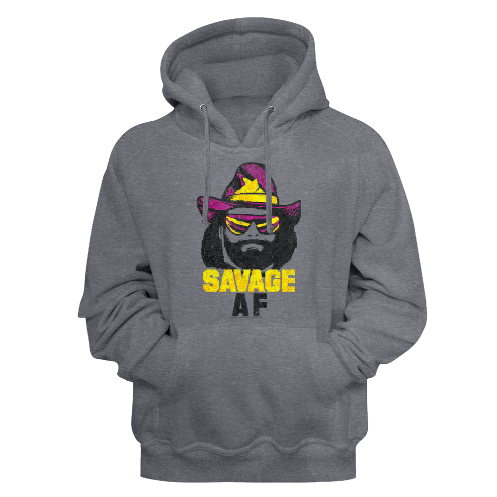A heather gray pullover hoodie featuring a graphic print of a bearded man wearing a purple and yellow hat and sunglasses, with the text 'SAVAGE AF' printed below in yellow and black.